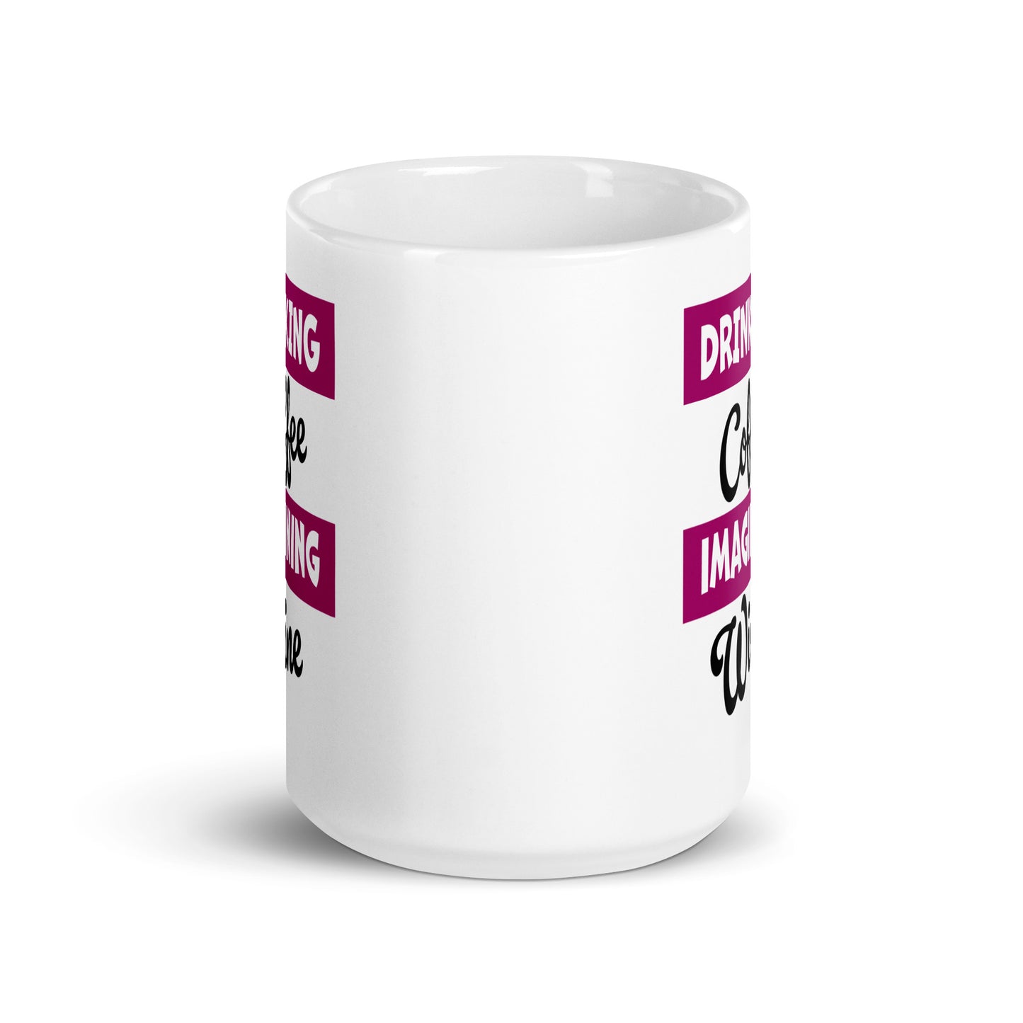 Drinking Coffee Imagining Wine. White glossy mug